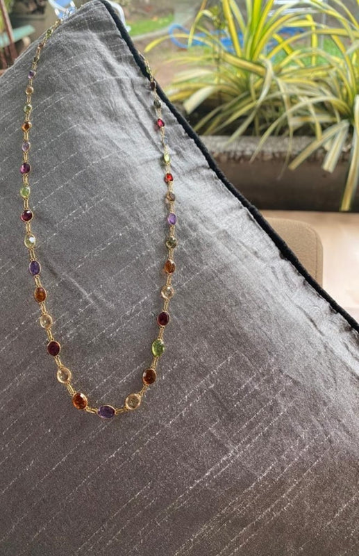 14K Gold Semi-Precious Natural Stone Hand-Made Necklace. Long 50cm, 40 Stones