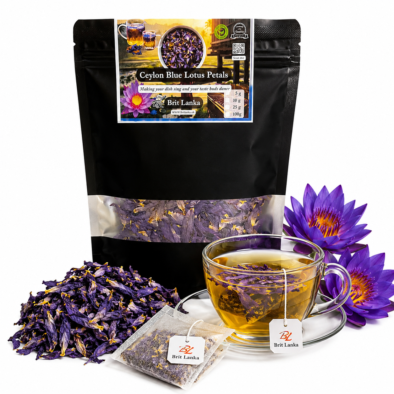 Ceylon Blue Lotus Petals tea package with a cup of tea, flowers, and a white background