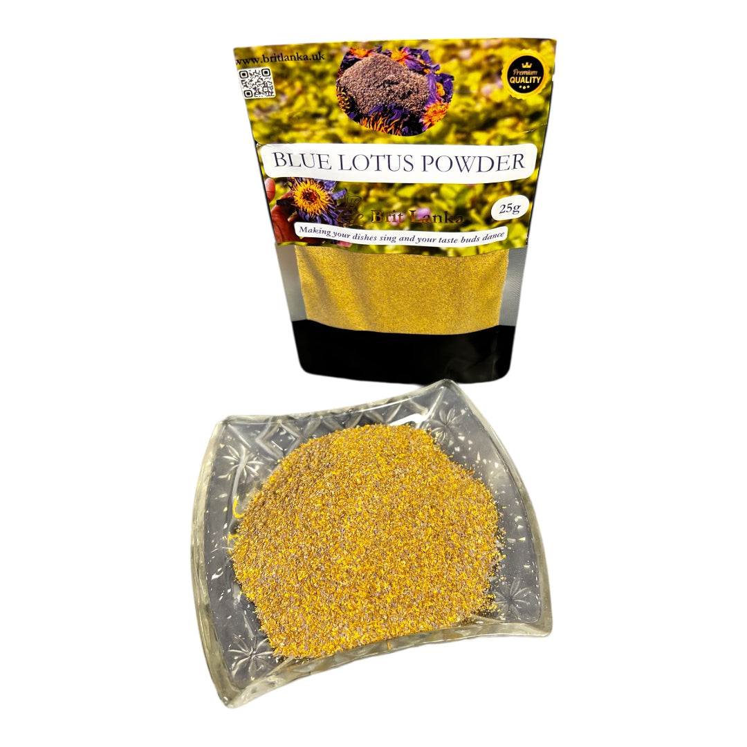 Packaging of Blue Lotus Powder with a clear bag containing the powder on a white background