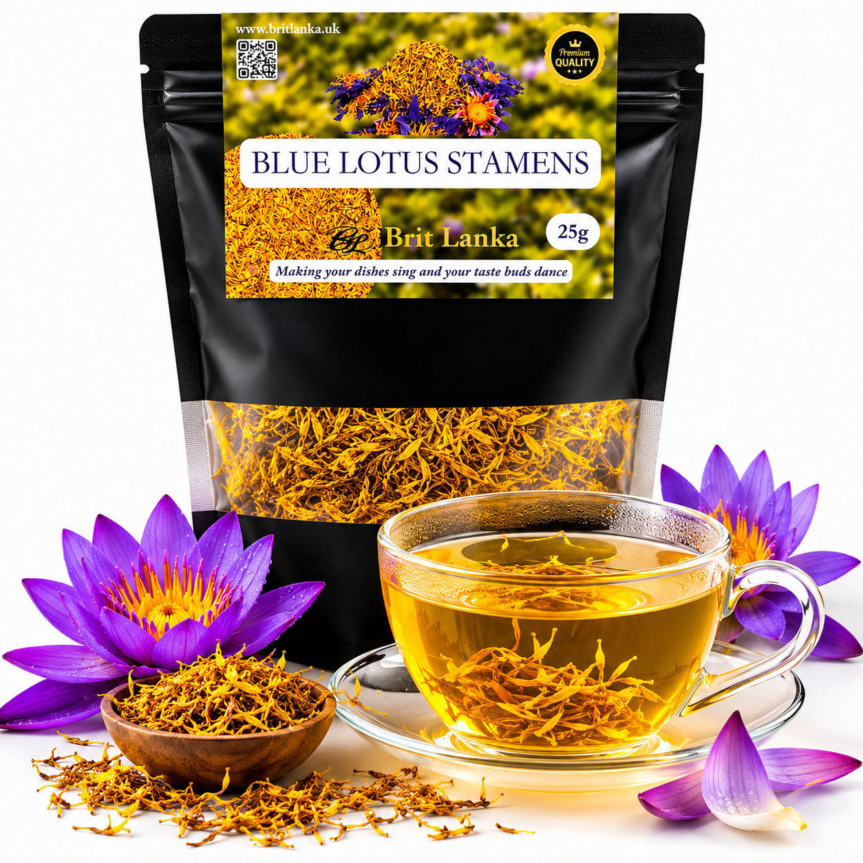 Packaging of Blue Lotus Stamens with a cup of tea and flowers on a white background