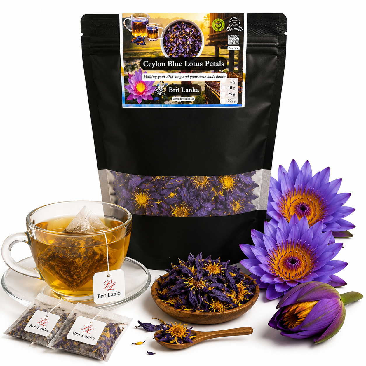 Ceylon Blue Lotus  whole flower packaging with a cup of tea, flowers, and packaging on a white background