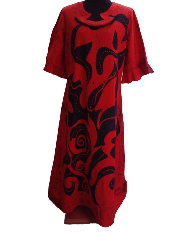 Batik long cotton frock - with free Scrunchie - Red L