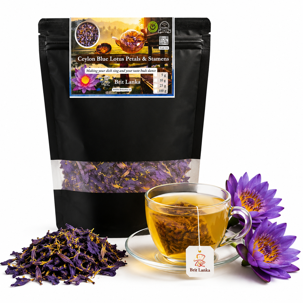 Black tea bag with Ceylon Blue Lotus Petals & Stamens, a cup of tea, and purple flowers on a white background.