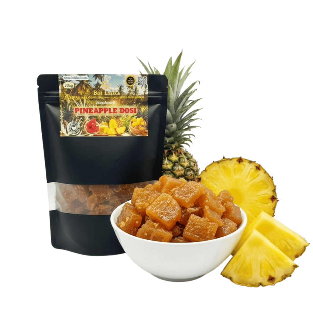 Pineapple dosi packaging with a bowl of pineapple pieces and a whole pineapple on a white background