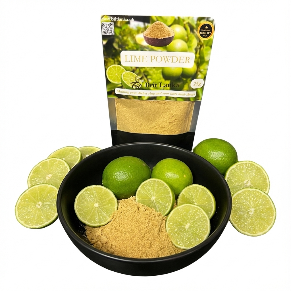 Bag of lime powder with a bowl containing lime powder and sliced limes on a white background