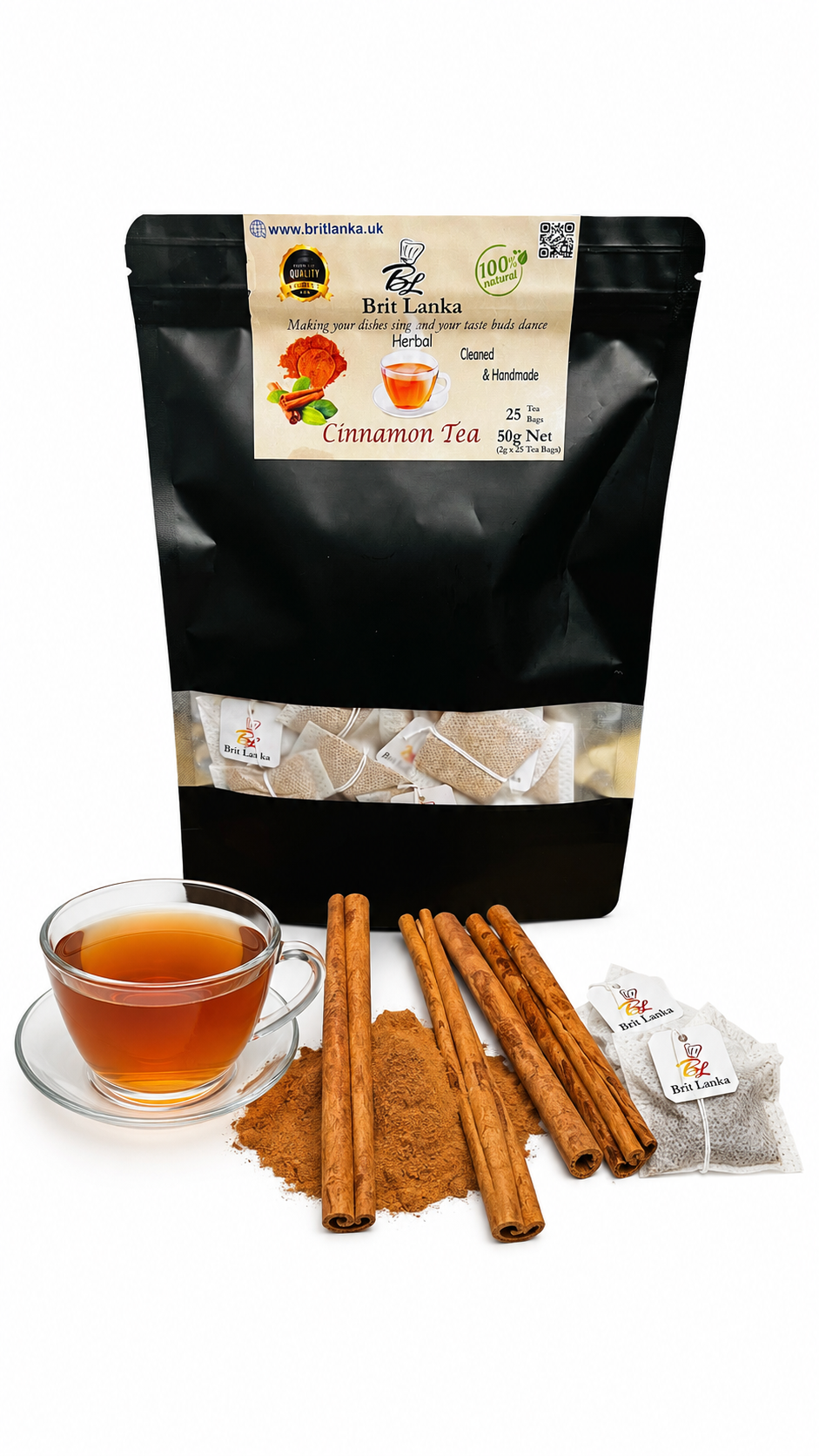 Cinnamon tea package with a cup of tea, cinnamon sticks, and a small bag on a white background