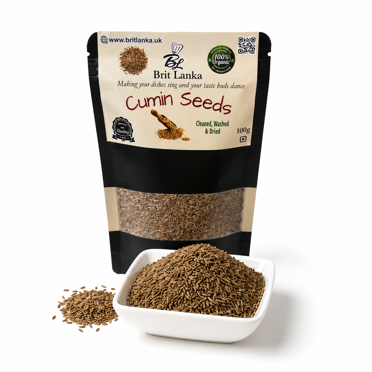 Packaging of Brit Lanka Cumin Seeds with a bowl of cumin seeds on a white background