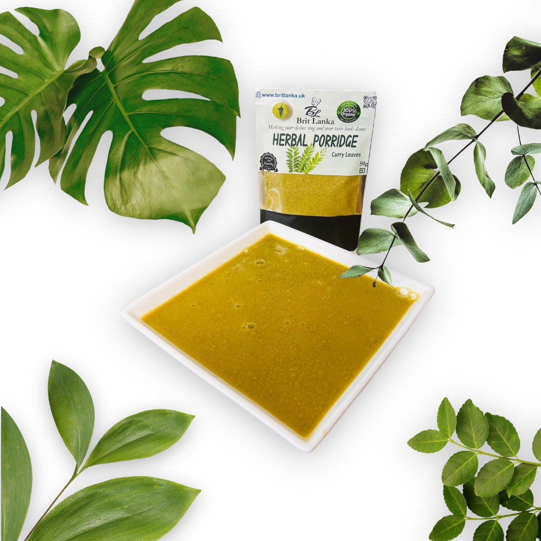 Healthy breakfast setup featuring Curry Leaves Herbal Porridge served hot with fresh herbs and coconut slices.”