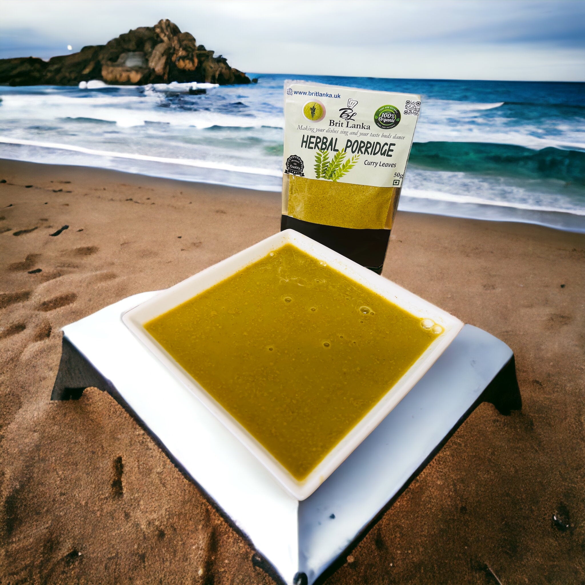 Curry Leaves Herbal Porridge pack — nutritious instant Ceylon meal made with curry leaves, brown rice, garlic, and coconut milk.”