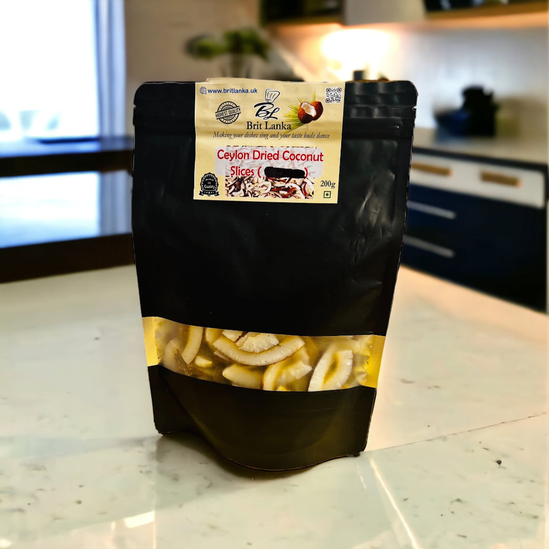 A black package of Ceylon dehydrated handmade raw coconut chips displayed on a kitchen countertop.