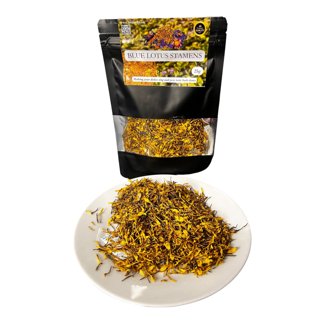 Packaged blue lotus stamens with a white plate of dried flowers on a white background