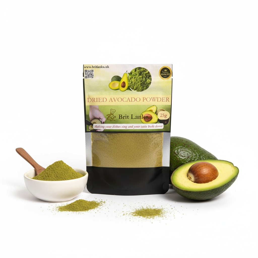 Dried avocado powder packaging with an avocado and powder on a white background
