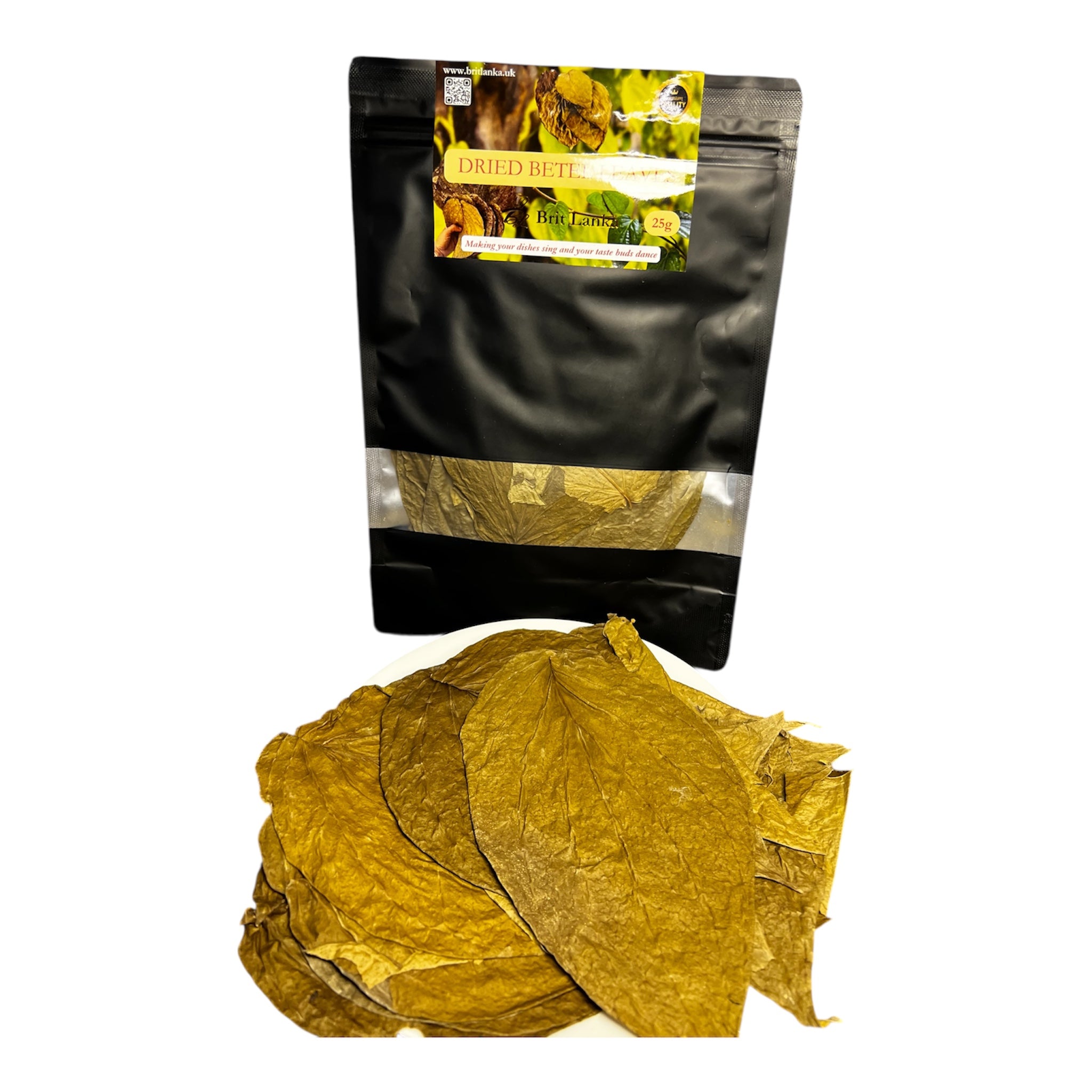 Dried betel leaves with a black packaging bag on a white background