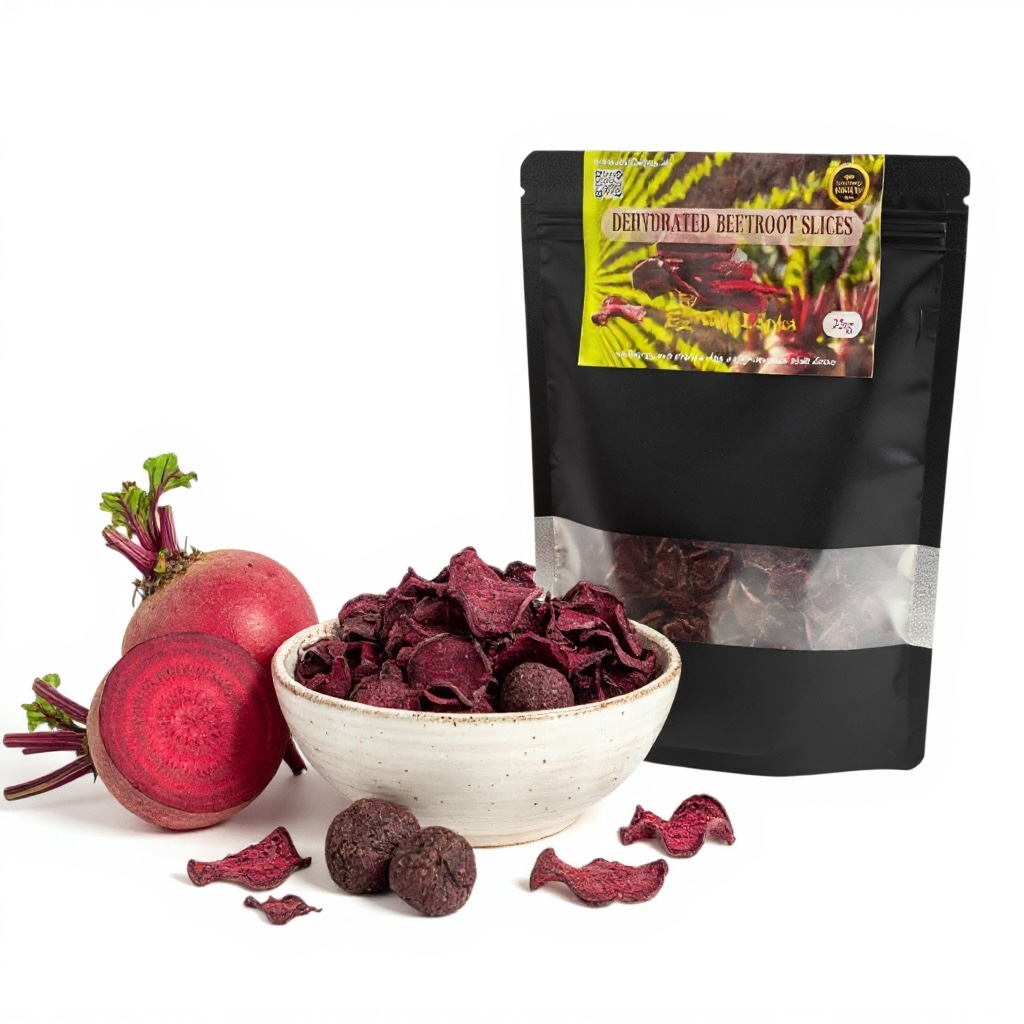Dried organic beetroot slices in resealable pouch with bowl, healthy vegan snack by Brit Lanka UK
