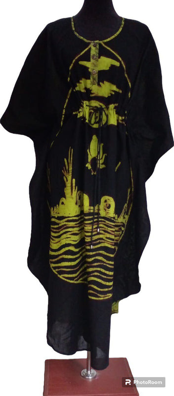 Batik Kaftan Cotton - with free Scrunchie - Black &amp; Green XXL