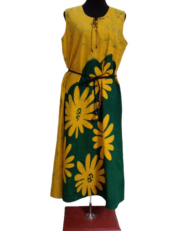 Sleeveless Cotton Frock - Yellow &amp; Green XL