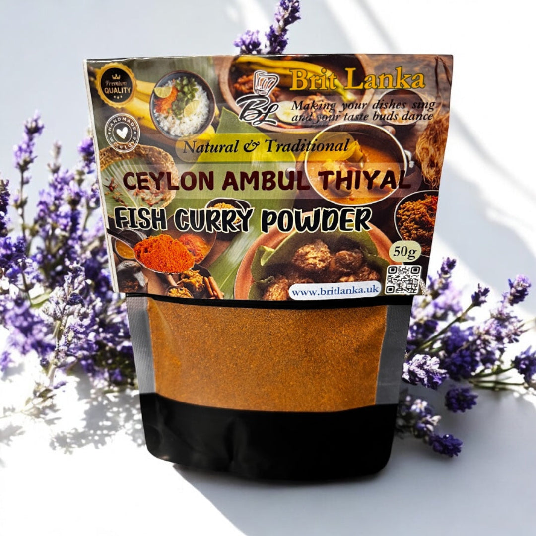 Packaging of Brit Lanka Ceylon Ambul Thiya Fish Curry Powder with lavender flowers in the background