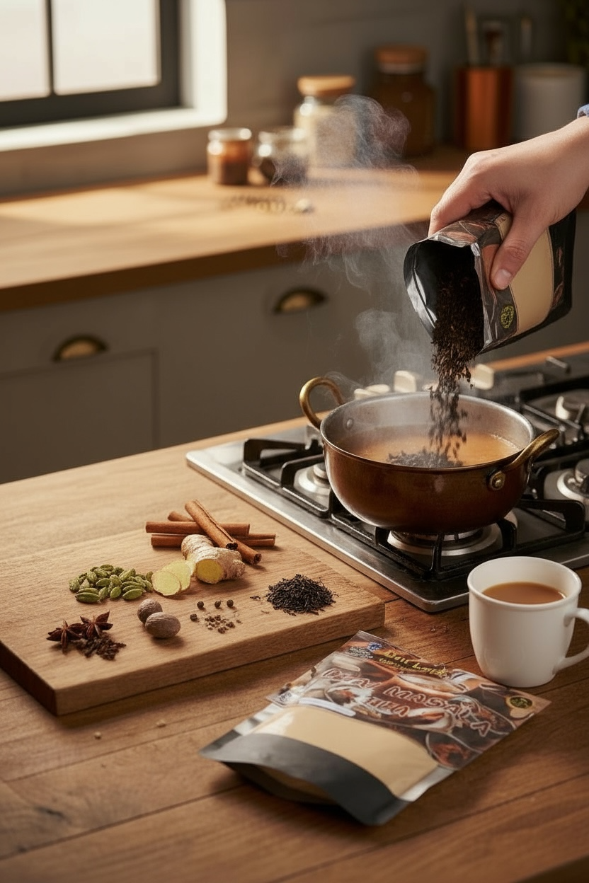 Front view of PSP Spice Planet Premium Tea Masala Powder 50g pack – handmade chai spice blend with natural ingredients.