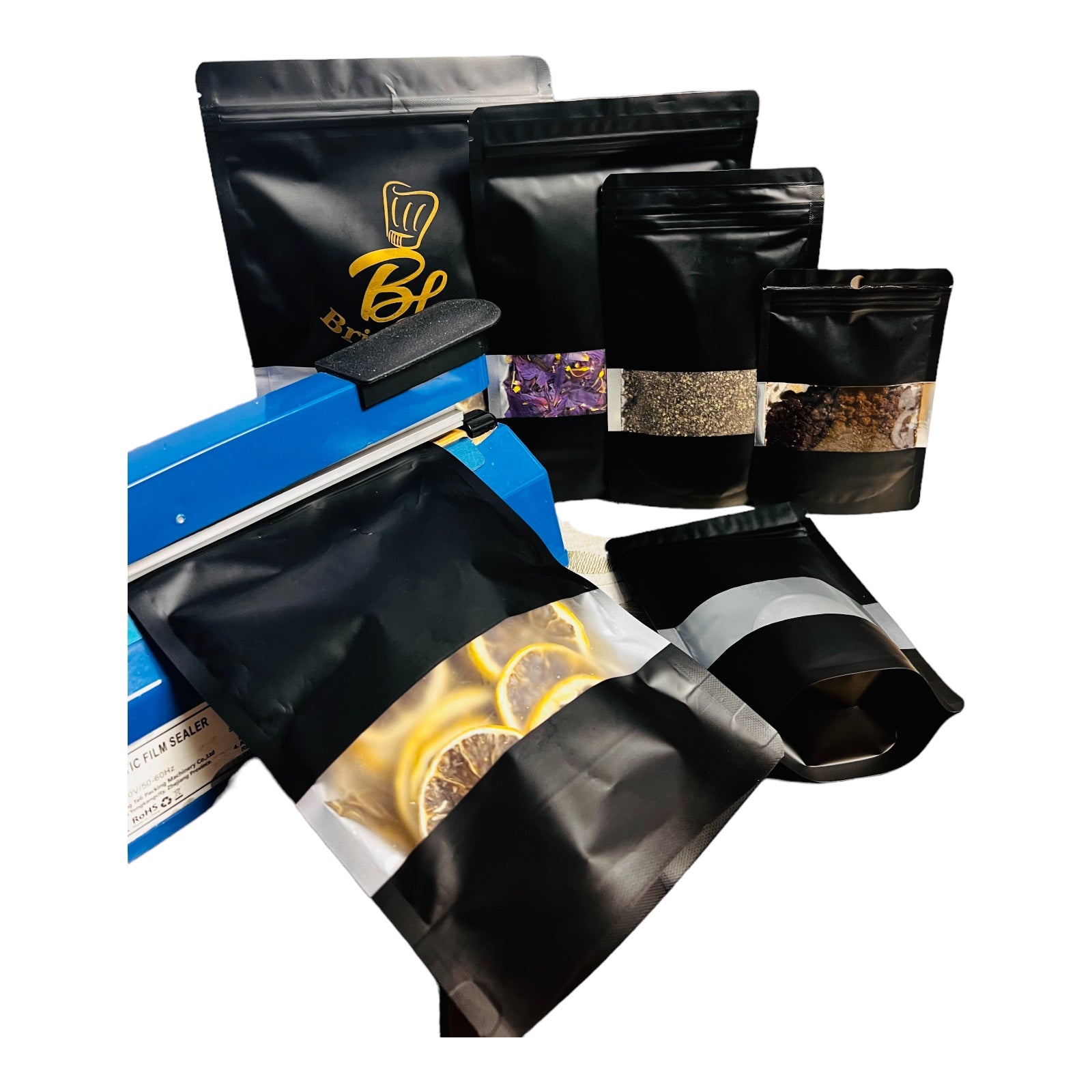 Black resealable stand-up Mylar zip lock bag with matte foil finish – front view”