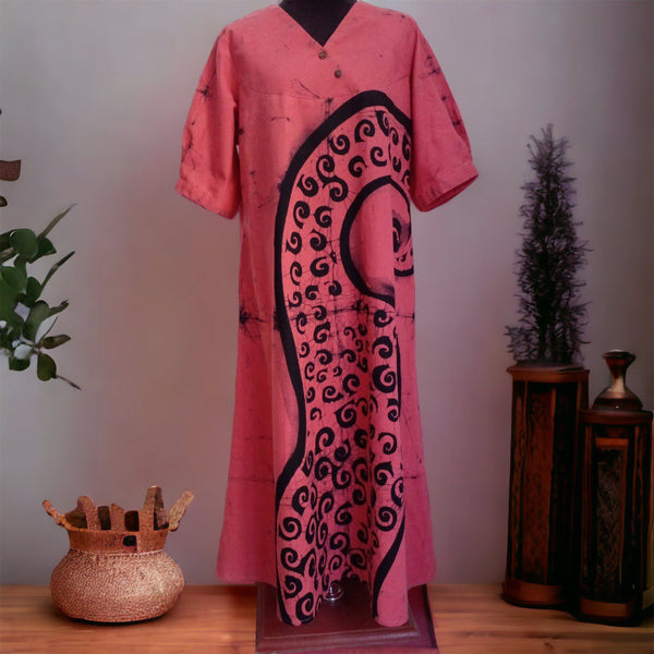 Batik long cotton frock - with free Scrunchie - Pink XL