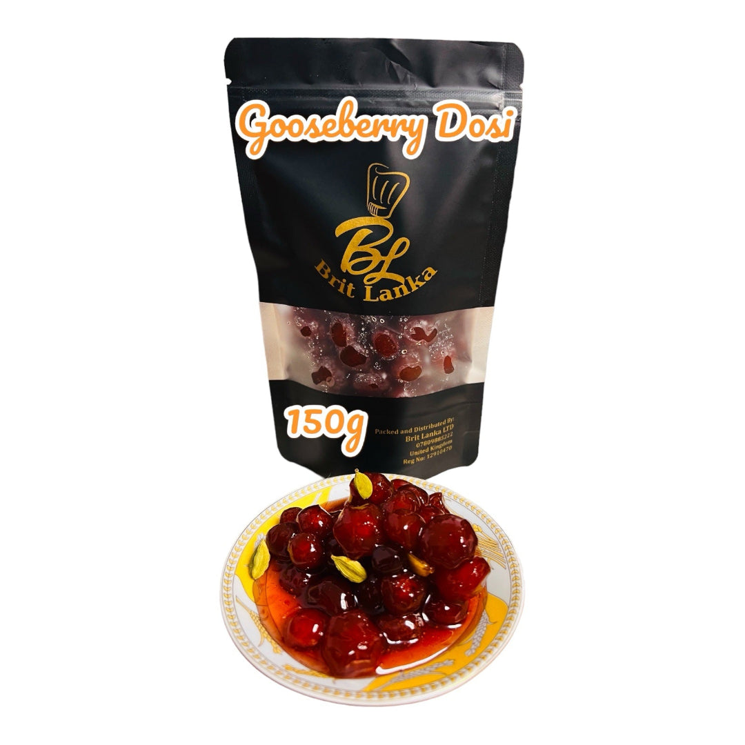 Packaging of Ceylon Otahiete Gooseberry (Phyllanthus Acidus) preserve with a transparent window showing the red preserve inside. A plate with gooseberry preserve topped with pistachios is displayed in front.