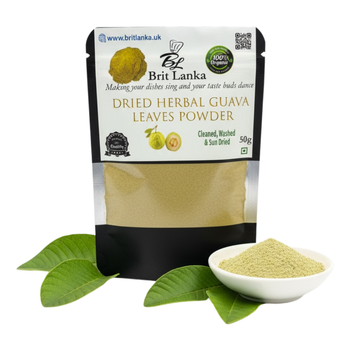 Packaging of Brit Lanka dried herbal guava leaves powder with a bowl of powder and leaves on a white background