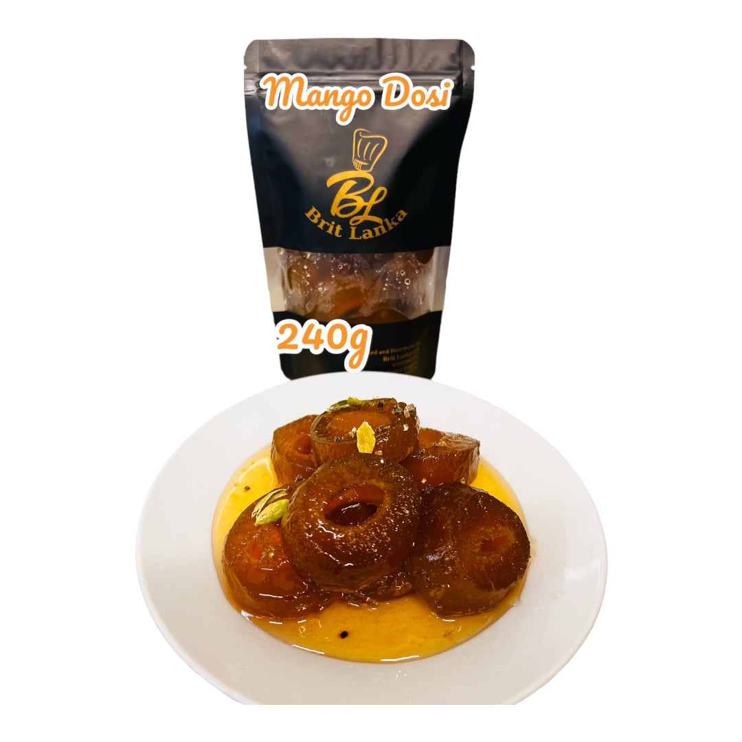 Packaging and plate of Handmade Ceylon Raw Mango Dosi with syrup in front of it.