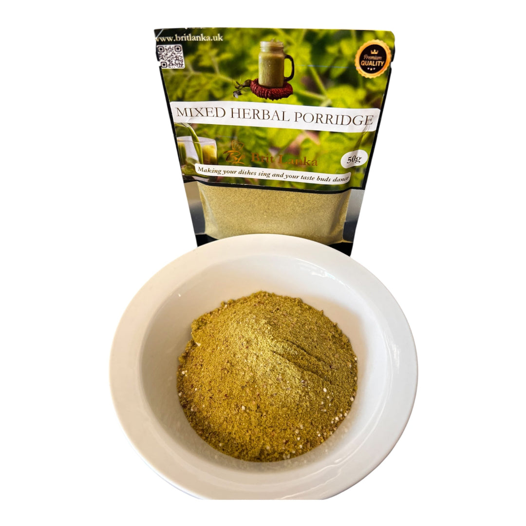 Organic Sri Lankan herbal porridge blend with natural ingredients – nutritious breakfast or detox soup.