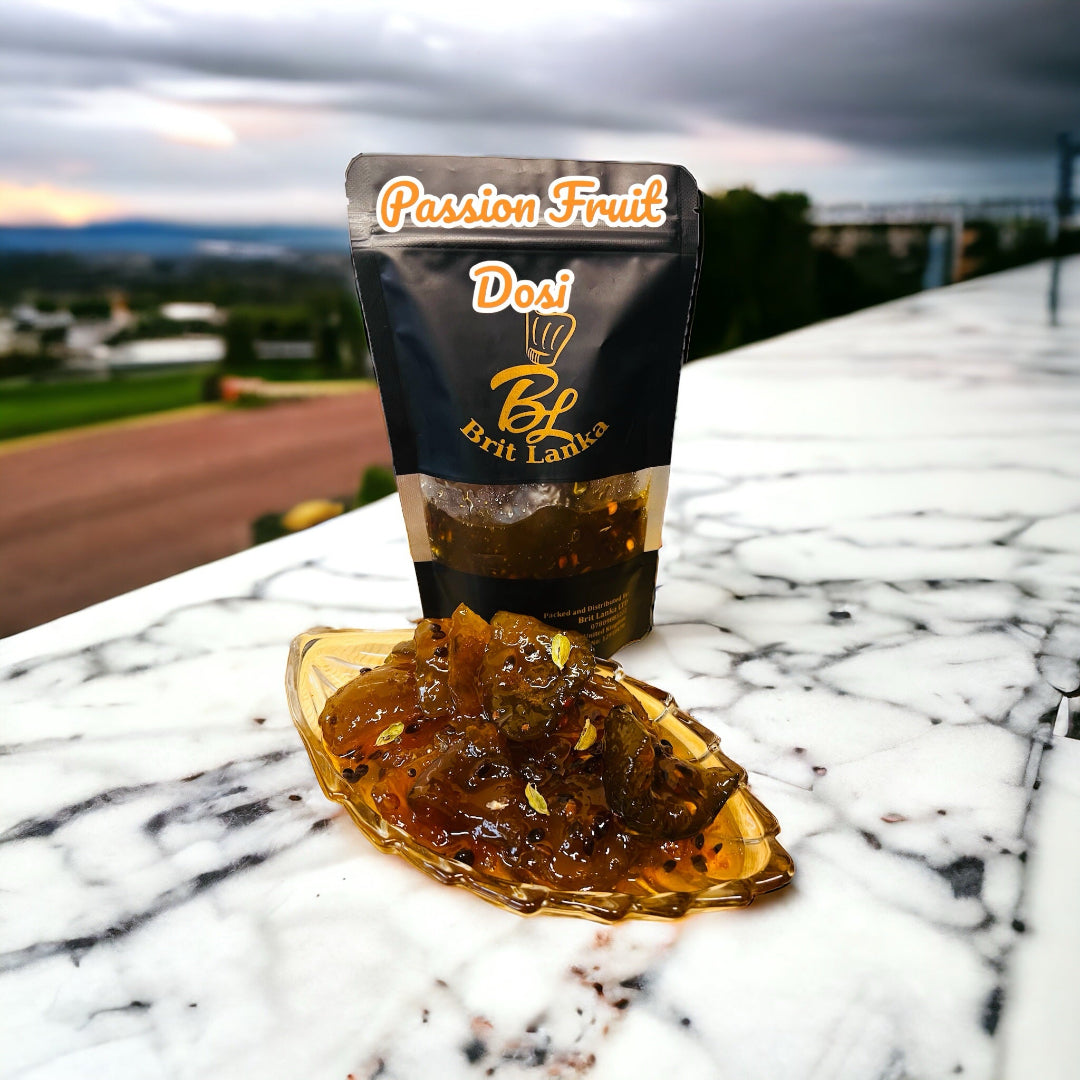 A jar of Handmade Ceylon NCB Passion Fruit Dosi with a piece of the preserve placed in front of it, on a marble surface with a scenic background.