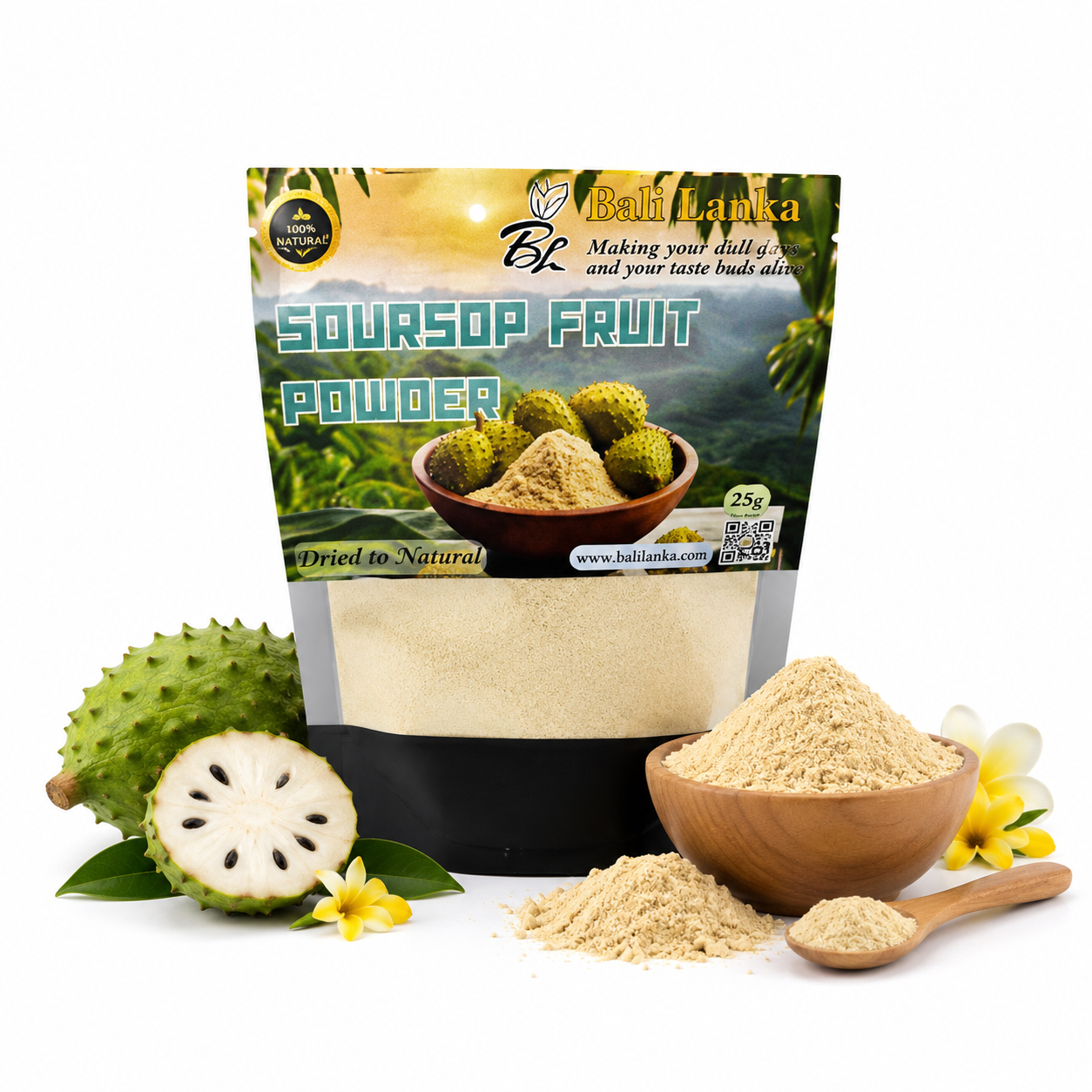Brit Lanka Soursop Fruit Powder packaging with soursop fruit and powder on a white background