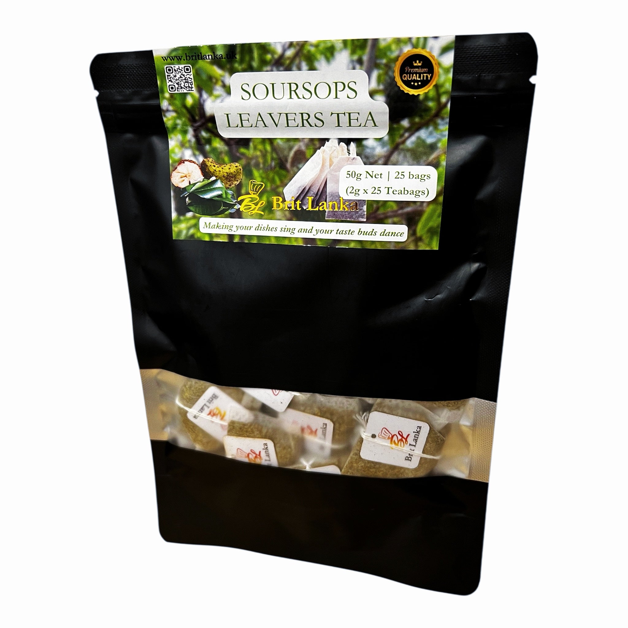 Black tea package with a label for 'Soursop Leavers Tea' by Sri Lank on a white background