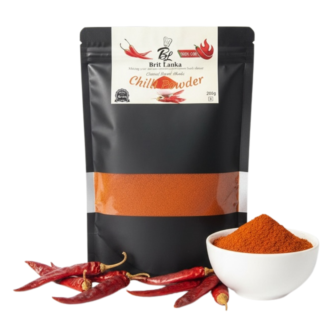 Black packaging of Sri Lanka chilli powder with a bowl of powder and red chillies on a white background