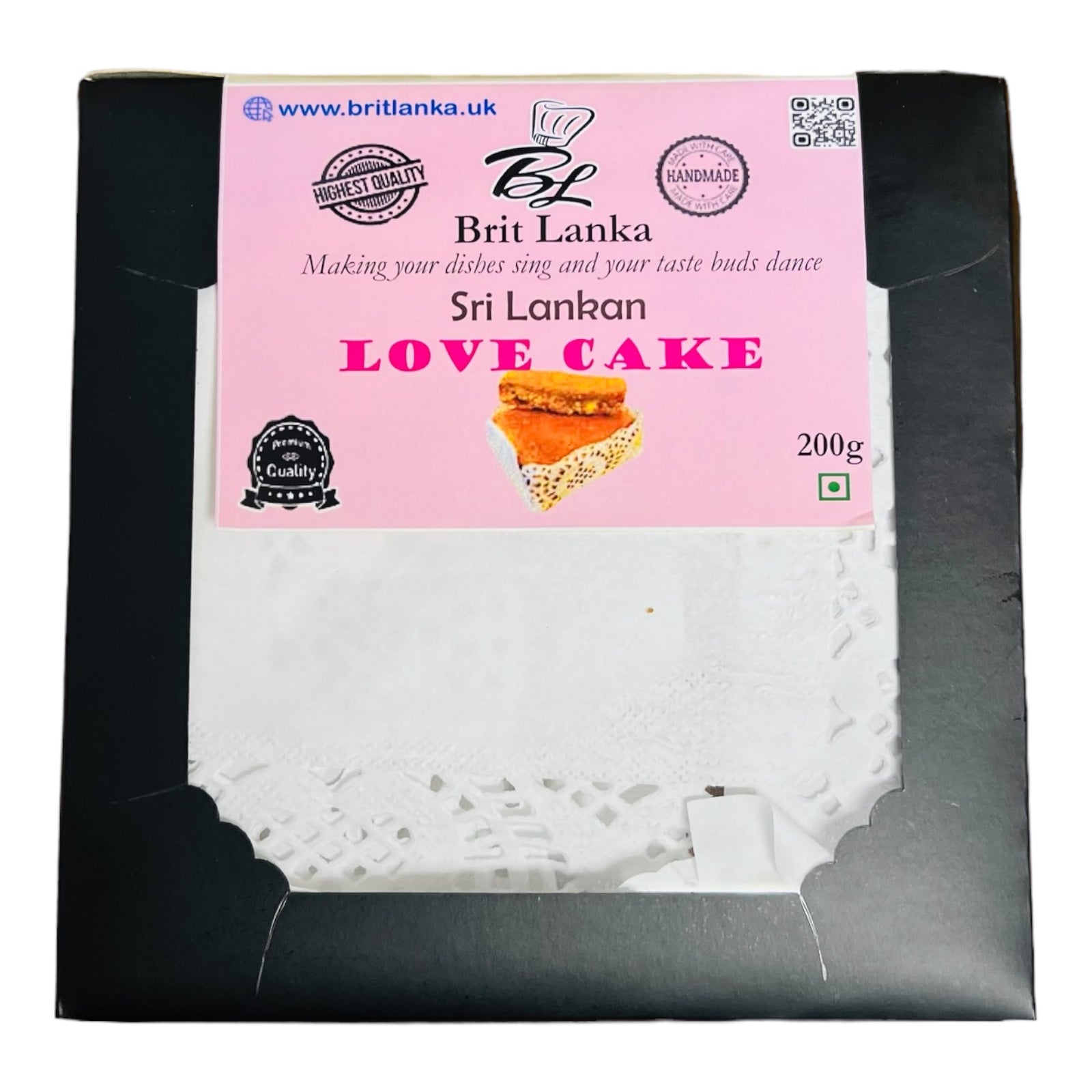 Packaged Sri Lankan love cake with pink label on a white background
