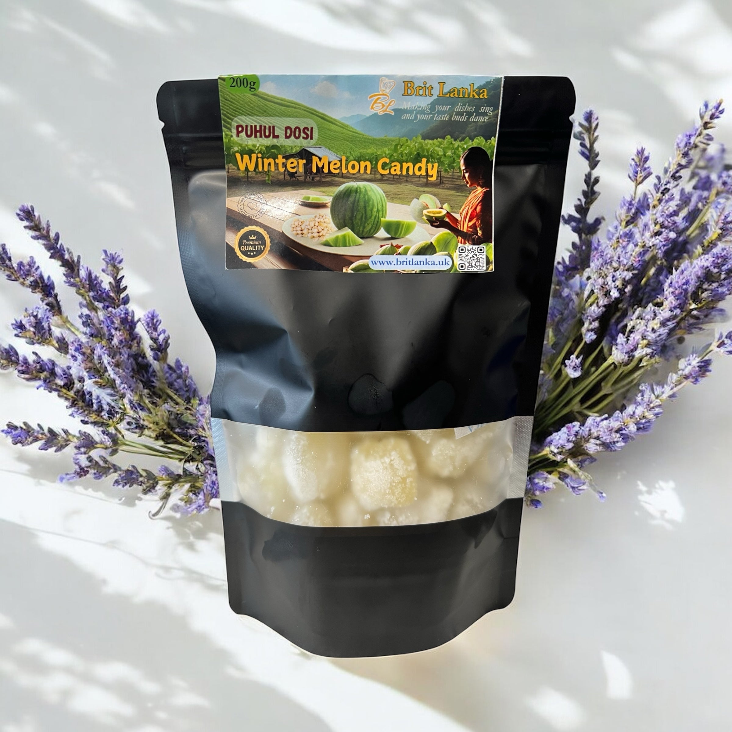 Black pouch of winter melon candy with a label on a white background with lavender flowers.
