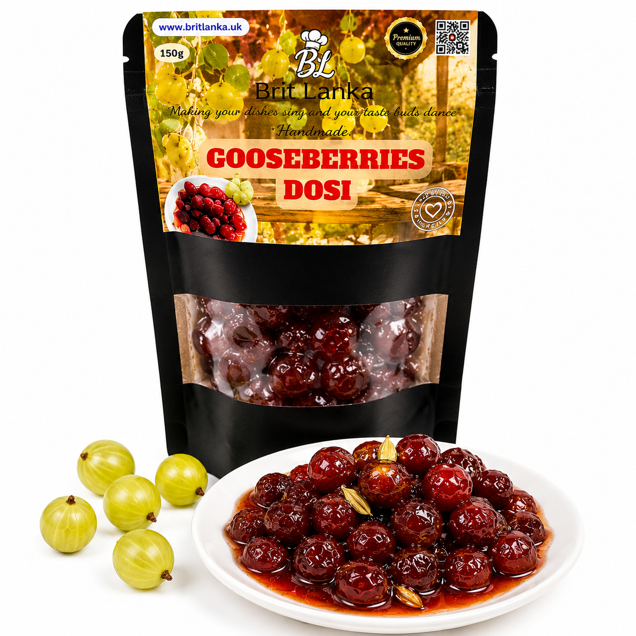Packaged gooseberries dosi with a plate of prepared dish and fresh gooseberries on a white background