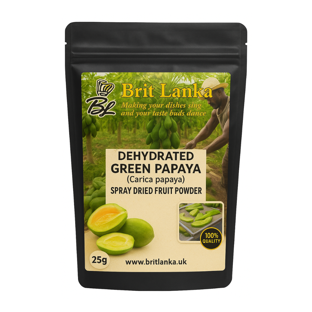 Dehydrated green papaya package with Brit Lanka branding on a white background