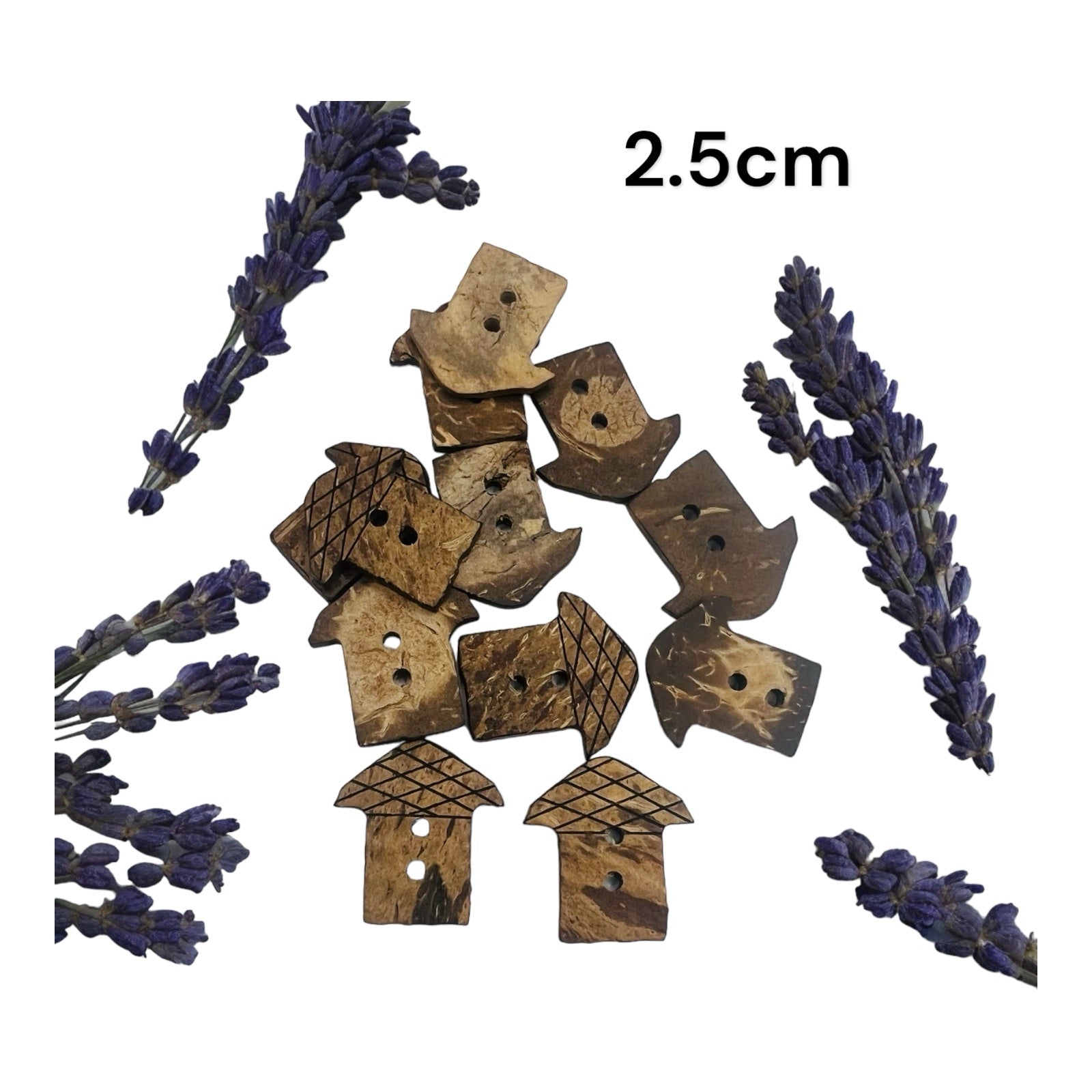 A collection of handmade coconut shell buttons displayed alongside lavender sprigs, with the measurement of 2.5cm highlighted.