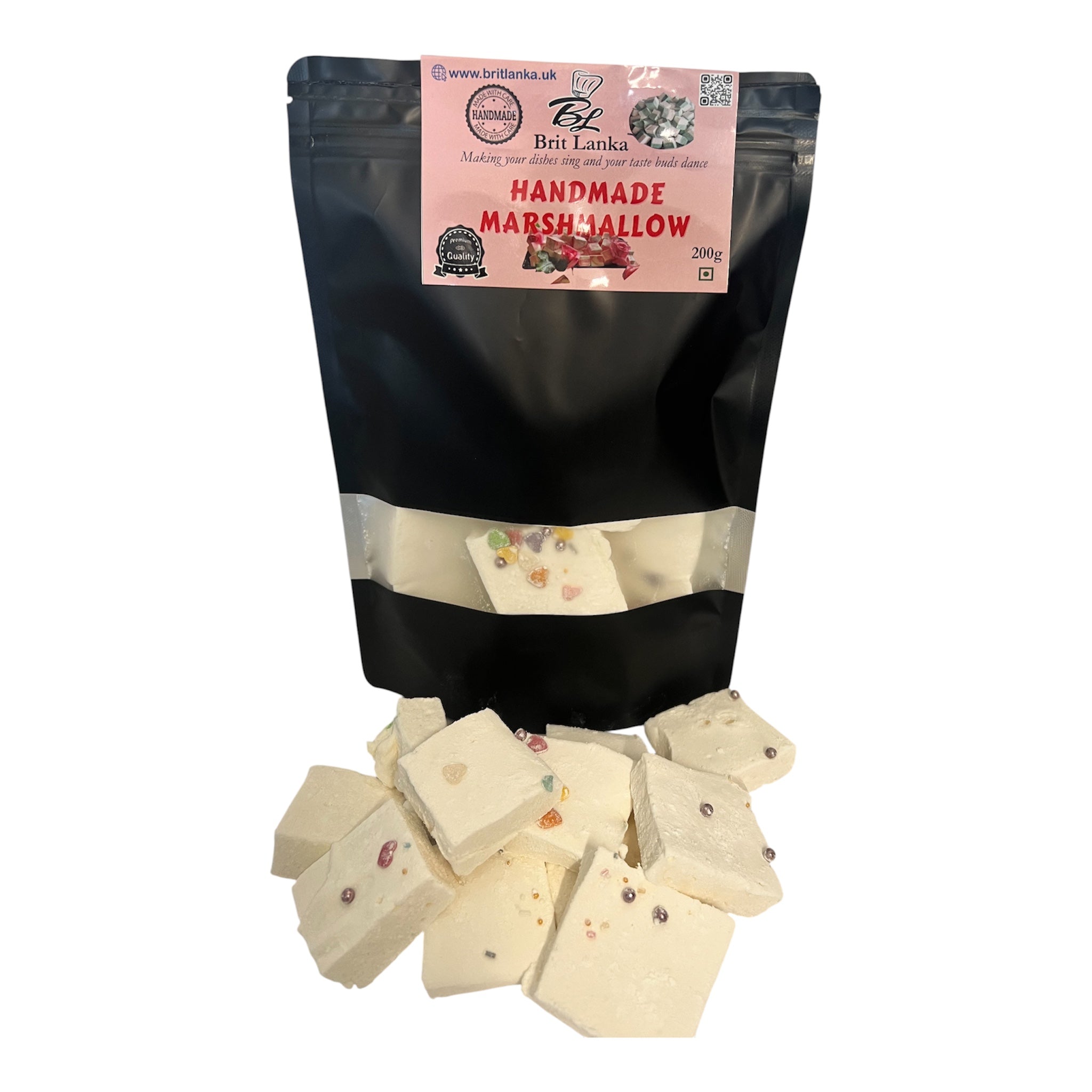 Bag of handmade marshmallows with a visible brand label on a white background