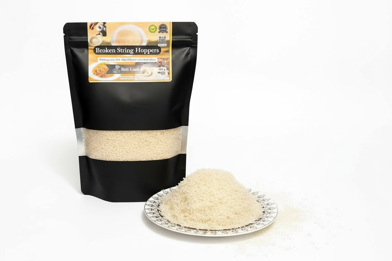 Black packaging of 'Broken String Hoppers' with a small pile of product on a white background