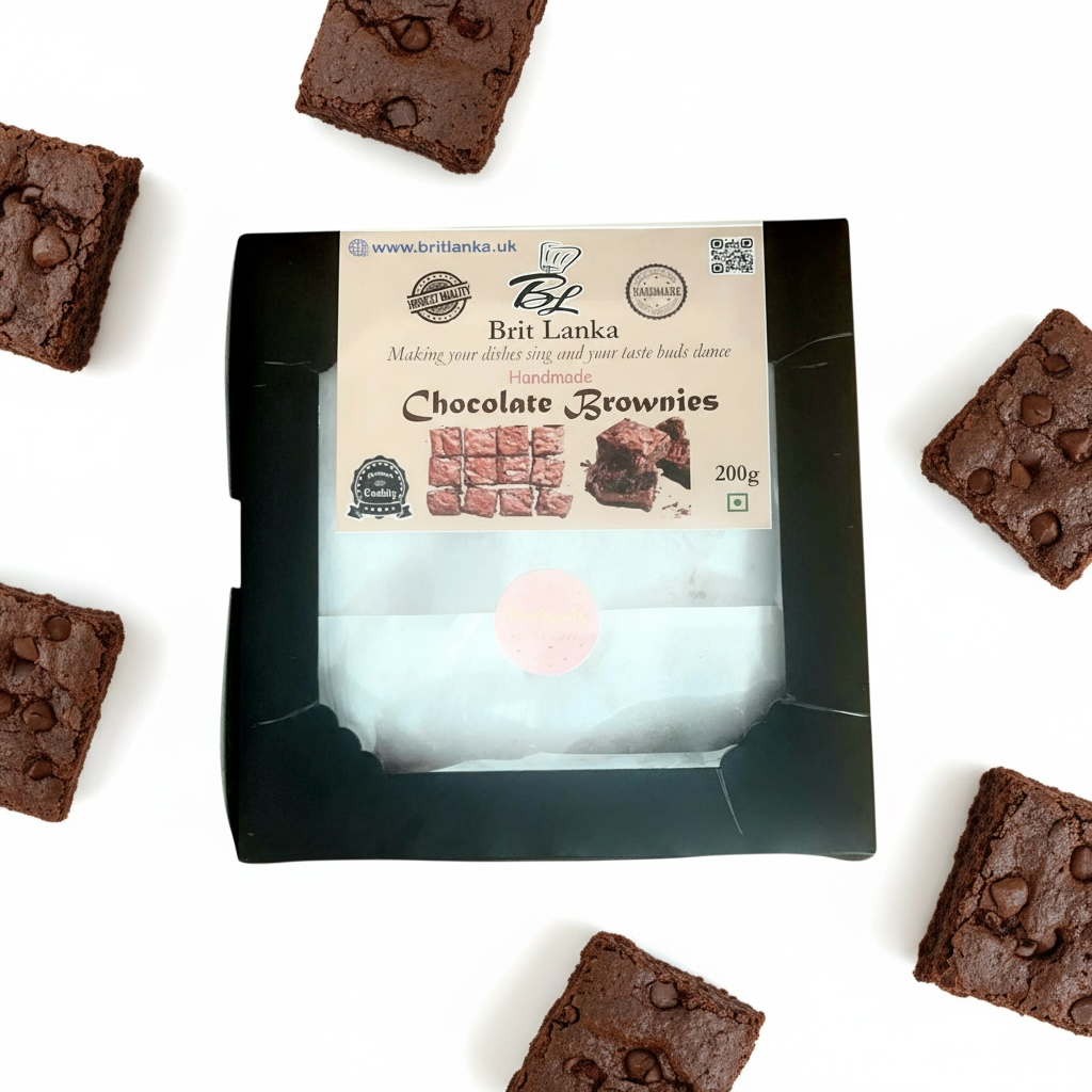 Luxury homemade chocolate brownie box with six fudgy brownies.”